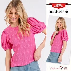 Mittoshop Flower Stamp Pattern Round Neck Puff Sleeves Texture Knit Top | Pink